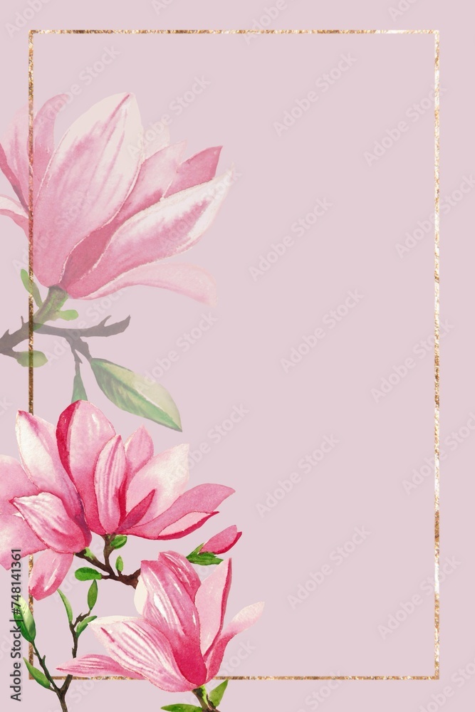 Fototapeta premium magnolia Pink and white flowers bloom in a beautiful garden, showcasing the magnolia blossom in full summer bloom watercolor hand drawn drawing