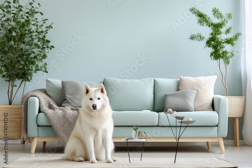 white dog sitting on sofa