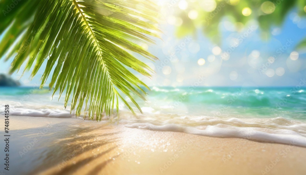 Blur beautiful nature green palm leaf on tropical beach with bokeh sun light wave abstract background. Copy space of summer vacation and business travel concept. (
