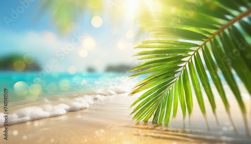 Blur beautiful nature green palm leaf on tropical beach with bokeh sun light wave abstract background. Copy space of summer vacation and business travel concept.