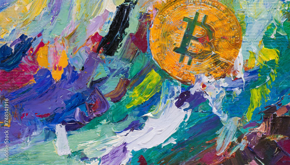Fototapeta premium Bitcoin Orange Wave Expressionist Painting Abstract Art