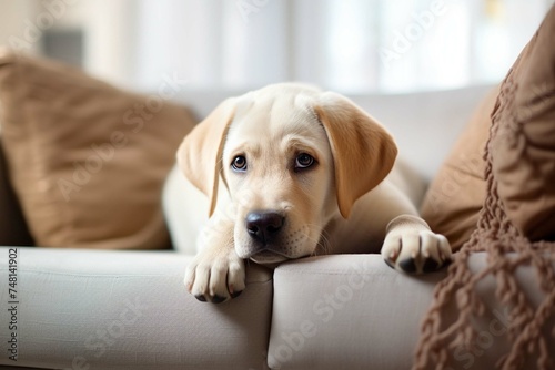 golden retriever puppy sitting on sofa