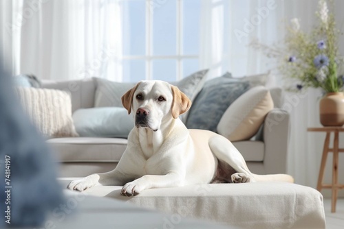 white dog sitting on a sofa
