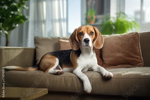 beagle dog sitting on a sofa