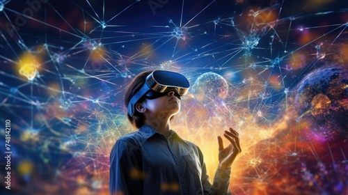 Woman Experiencing Disco Ball Virtual Reality World. Immersed in a virtual environment, a woman experiences the dazzle of digital disco balls with VR headgear, symbolizing a festive cyber reality.