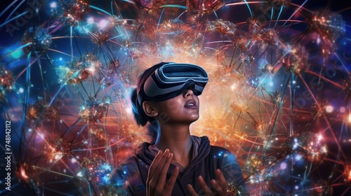 Individual Engaged in an Immersive VR Experience. A person is deeply engaged with a virtual reality environment, interacting with a vibrant network of digital nodes and glowing connections.