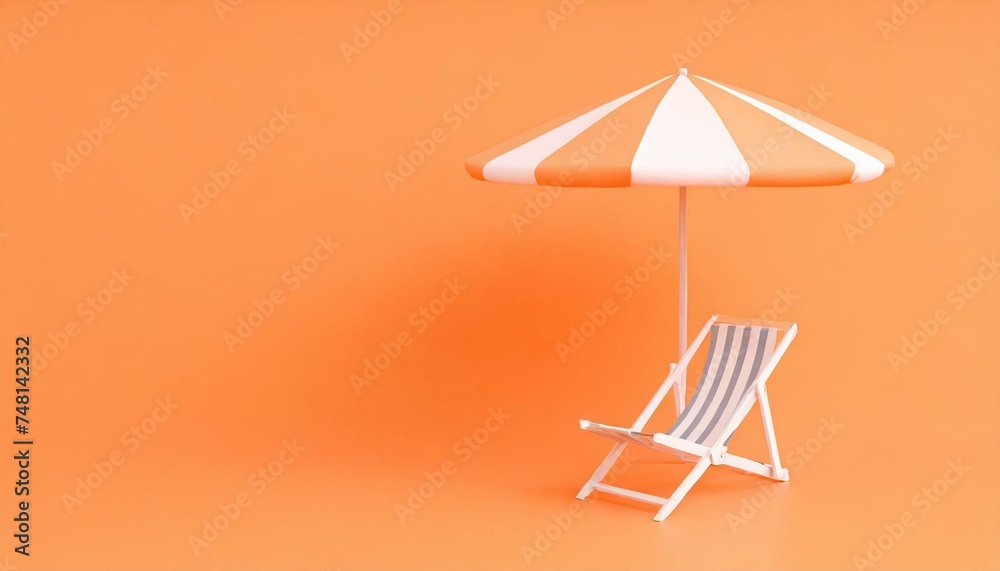 Beach umbrella with chair on orange background. clean and unique 3d concept. minimal style. 