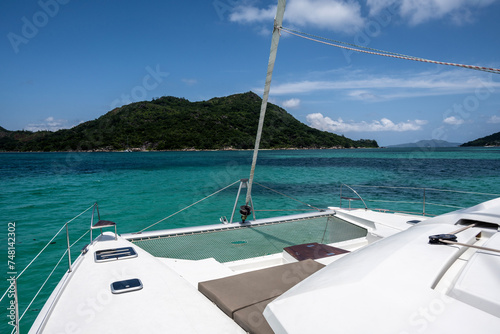 panoramic view of the coast of the Seychelles with bays and white catamarans