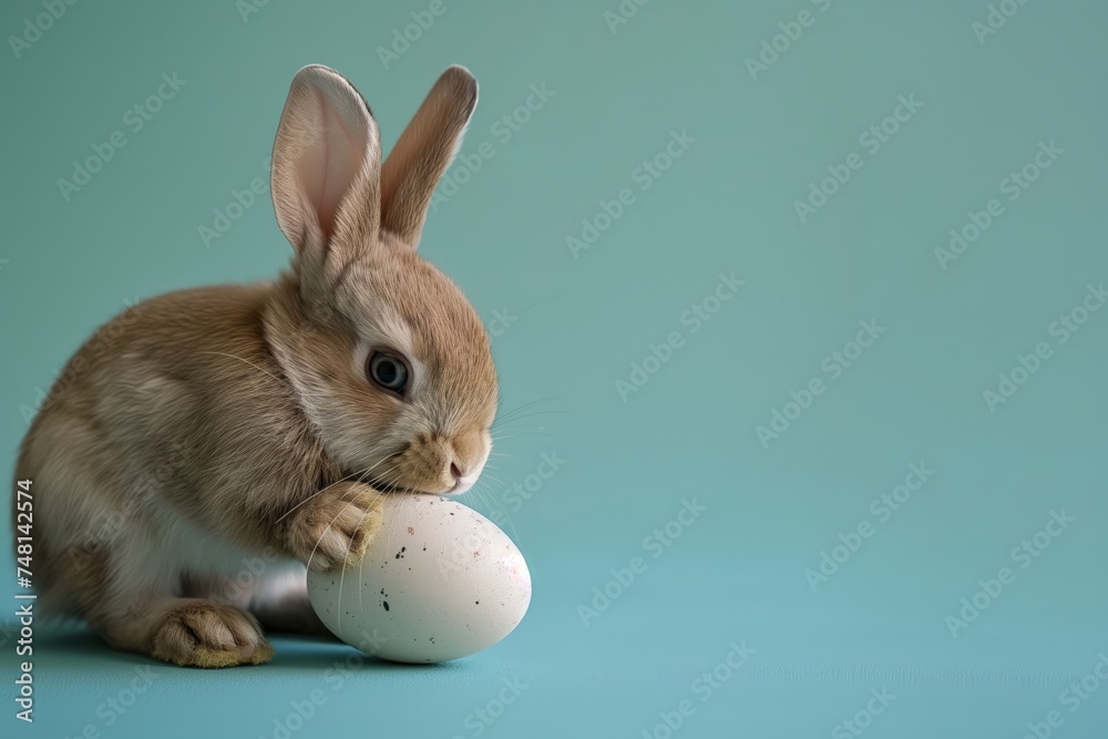 Brown Bunny with Egg on Teal Background
