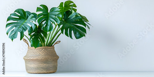 Beautiful Swiss cheese plant in the sun against the background of a white wall. Home gardening concept Houseplant minster swiss cheese leaf tree in pot.