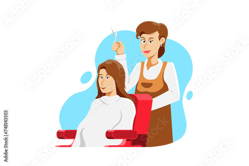 Woman barber making haircut for client on isolated background, Vector illustration.