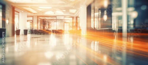 This image shows a hallway in an office building, blurred and out of focus. The walls are lined with doors and there is artificial lighting overhead.