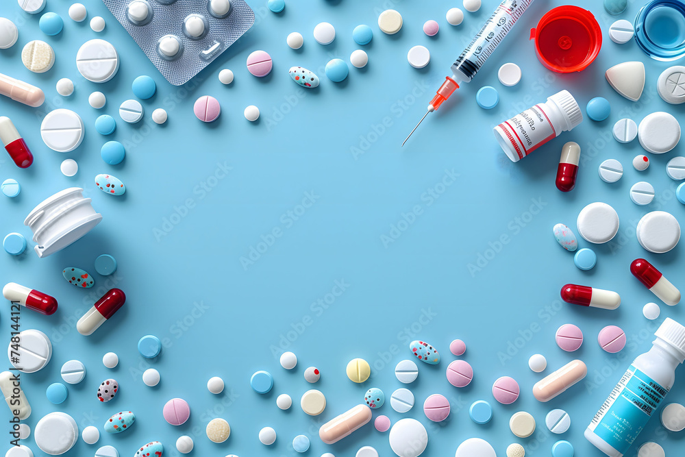 A flat lay photo showcasing a variety of capsules, pills, and a syringe on a blue background