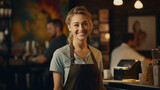 smiling young and attractive female barista behind the counter or her café