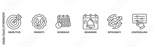 Time management banner web icon illustration concept with icon of objective, priority, schedule, reminder, efficiency, alerts, and controlling