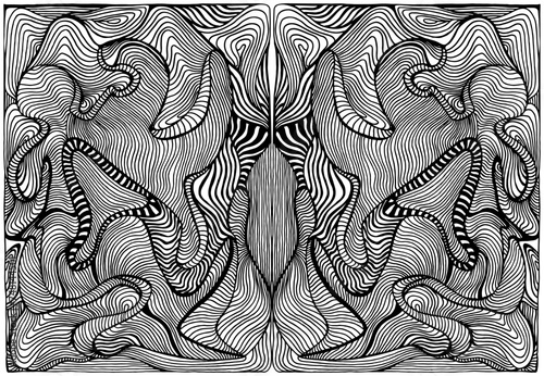 Symmetrical black and white hippie trippy abstract psychedelic coloring page for adults. Monochrome waves texture.