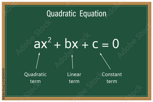 Quadratic Equation on a green chalkboard. Education. Science. Formula. Vector illustration.