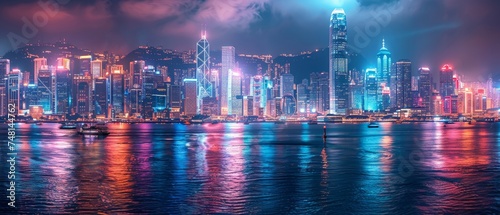 Connectivity and smart network concept, Hong Kong digital city background at night in Victoria Harbour, Cyberpunk color style, panorama view