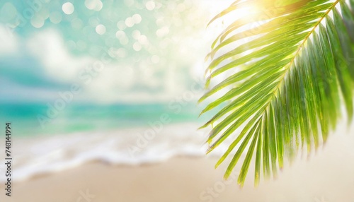 Blur beautiful nature green palm leaf on tropical beach with bokeh sun light wave abstract background. Copy space of summer vacation and business travel concept