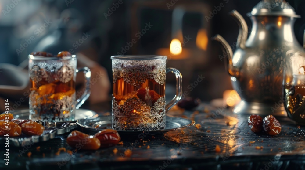 Food and drink Ramadan month concept. Tea and dates in the month of Ramadan on a dark background. Food and drink Ramadan month concept. Tea and dates in the month of Ramadan on a dark background.