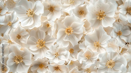 a dense field of delicate white flowers with golden centers, creating a soft and even horizontal surface ideal for showcasing an object in a natural setting. SEAMLESS PATTERN. © lililia