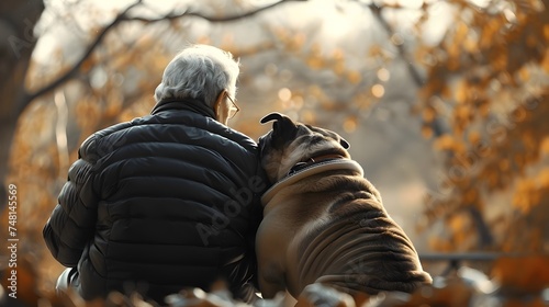 Tranquil Autumn Park An Old Man and His Dog in Harmony photo