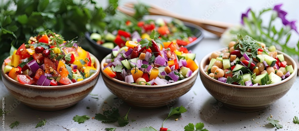 A table with three bowls filled with a variety of colorful vegetables like tomatoes, cucumbers, and bell peppers. The fresh veggies are neatly arranged in the bowls, creating a visually appealing and