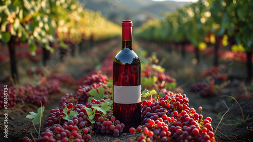 A red wine bottle in front of a landscape of grape farmland. Neural network generated image. Not based on any actual scene or pattern.
