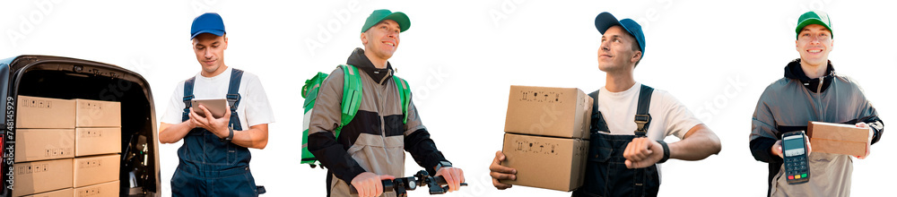 Concept courier is a courier company that delivers goods in boxes. Isolated background.