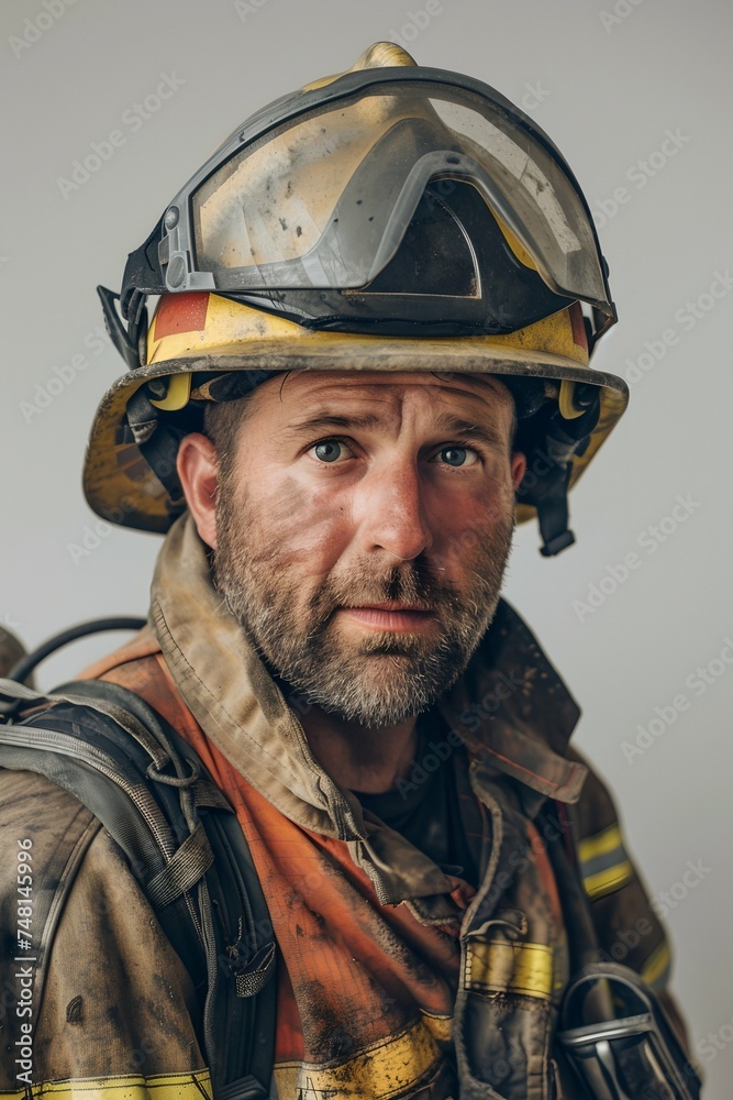 Firefighter in gear isolated on gray. Fire department, emergency response, rescue operations concept. Heroism and bravery. Studio portrait Firefighter in gear isolated on gray. Fire department, emergency response, rescue operations concept. Heroism and bravery. Studio portrait