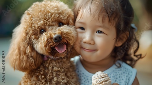 A Joyful Moment Child Hugging her Brown Poodle