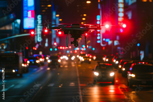 Copter drone flying low at night downtown city street. Neural network generated image. Not based on any actual scene or pattern.