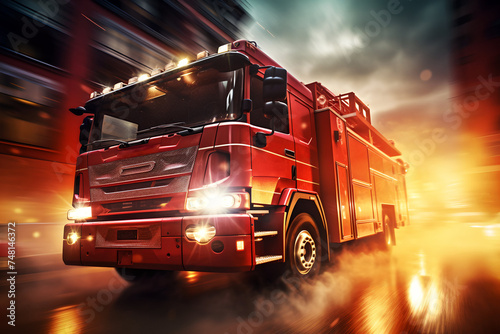 Speeding fire truck on blurred background. Fire department  emergency response  rescue operations concept. Modern fire engine. Banner  poster  wallpaper