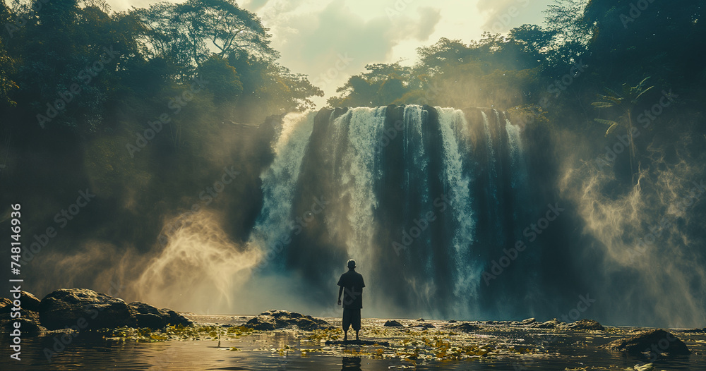 A man standing next to the waterfall of a tropical jungle - obrazy, fototapety, plakaty 