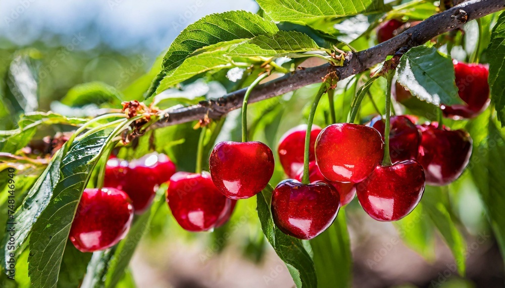 Red cherries on tree in cherry orchard Red cherries on tree in cherry orchard
