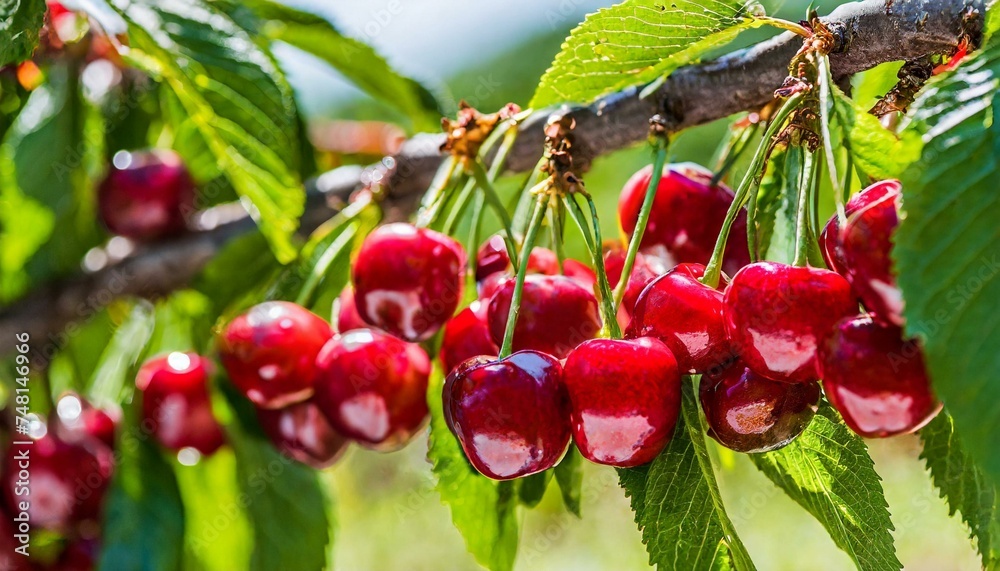 Red cherries on tree in cherry orchard Red cherries on tree in cherry orchard