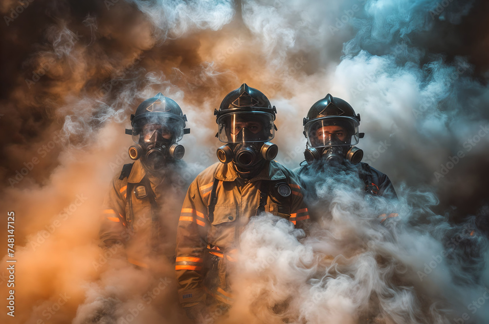 Three firefighters in smoke. Fire department, emergency response, rescue operations concept. Heroism and bravery. Banner, poster, wallpaper
