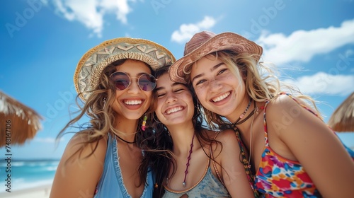 one Mexican girl, one south african girl and one caucasian girl are having fun, 26 years old, bright and blue sky