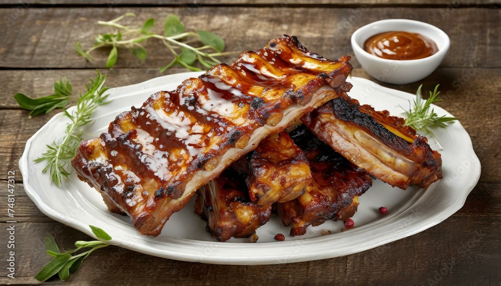 A white plate topped with grilled pork ribs 