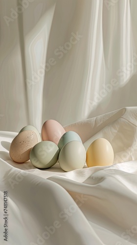 Easter in a visually pleasing card featuring pastel-colored eggs arranged on a light backdrop, evoking a festive atmosphere with generous open space for customized messages. photo