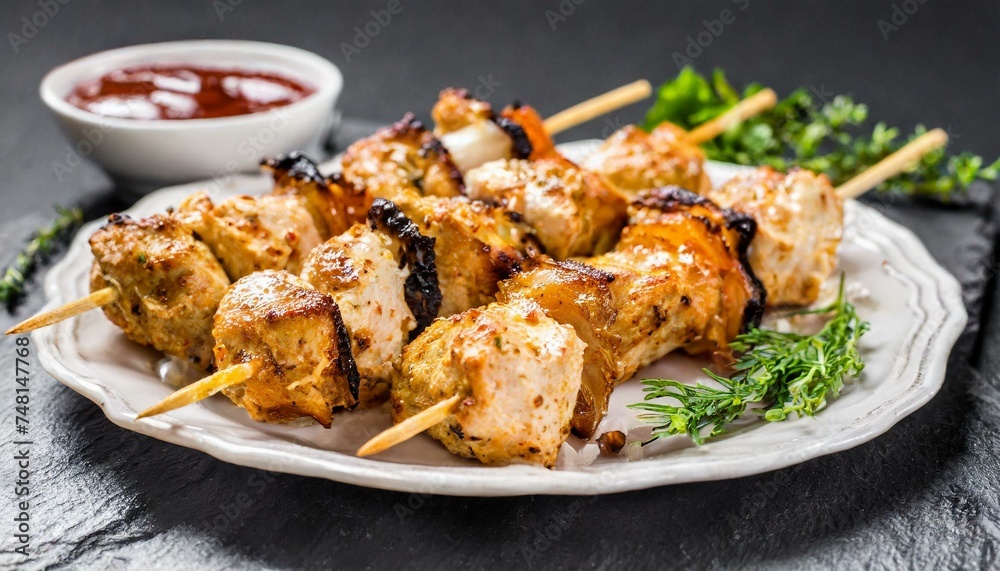 Chicken kebab skewers on a plate over light black slate. Close-up Chicken kebab skewers on a plate over light black slate. Close-up