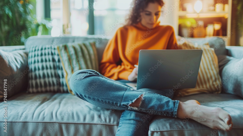 A person sitting on a sofa with a laptop, taking notes, embodying the flexibility of remote work, remote and hybrid work concept, blurred background, with copy space - obrazy, fototapety, plakaty 