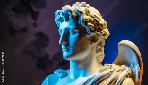 Gypsum statue of Apollo's bust. Statue vapor wave background concept