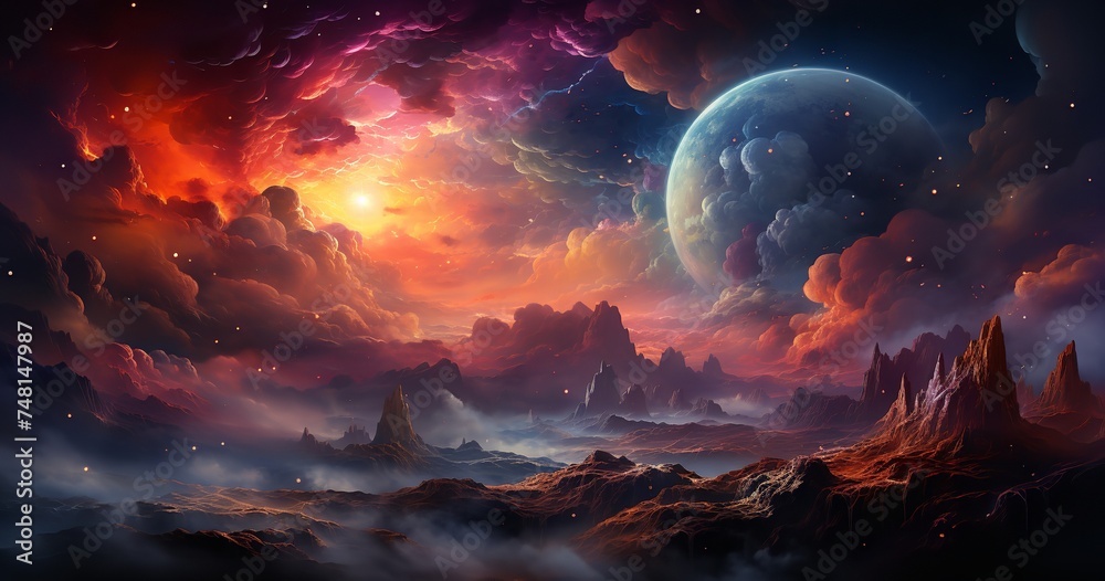 A mesmerizing digital art of a colossal planet with a swirling nebula, bathed in the golden light of a radiant star. The planet's surface is a tapestry of color, with its vibrant hues - obrazy, fototapety, plakaty 