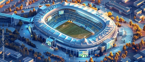 an isometric 3D smart stadium building with a highly technological aesthetic and a dynamic lighting scheme for a truly futuristic and technologically advanced sports arena. 