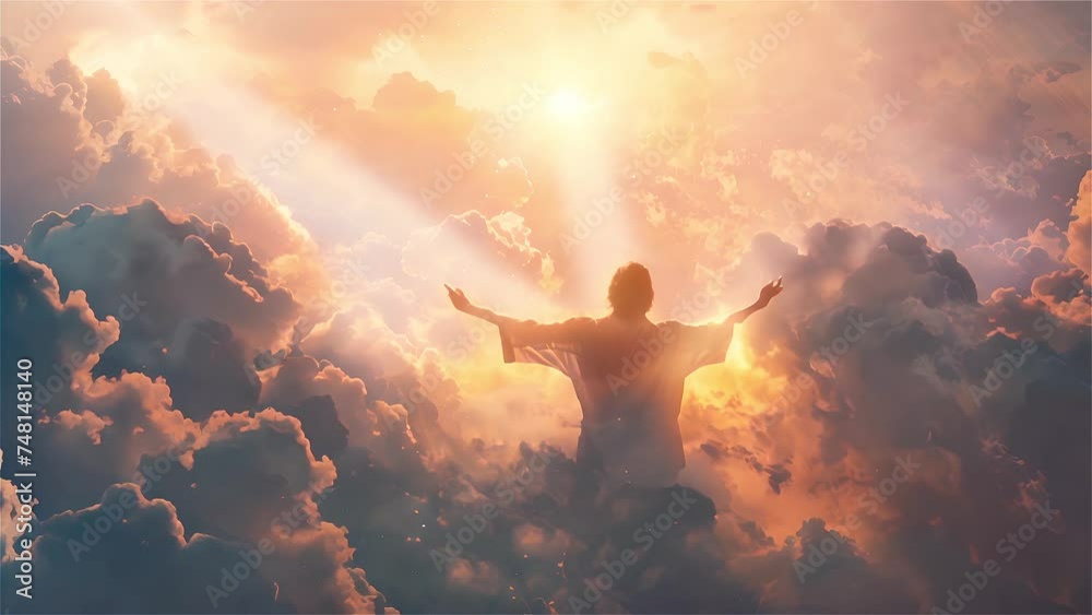 Person with arms raised in triumphant gesture atop clouds basking in sunlight Person with arms raised in triumphant gesture atop clouds basking in sunlight