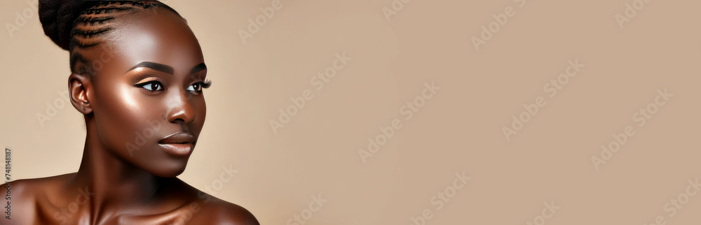 banner, A model girl with no hair, short haircut and radiant tanned skin natural beauty smooth skin