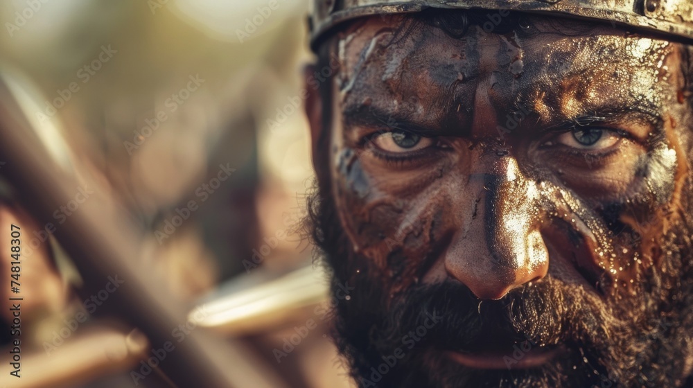 A closeup of a Numidian warriors face fierce determination etched in his features as he grips his spear tightly while riding into battle. - obrazy, fototapety, plakaty 