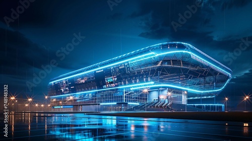 an isometric 3D smart stadium building with a highly technological aesthetic and a dynamic lighting scheme for a truly futuristic and technologically advanced sports arena. 