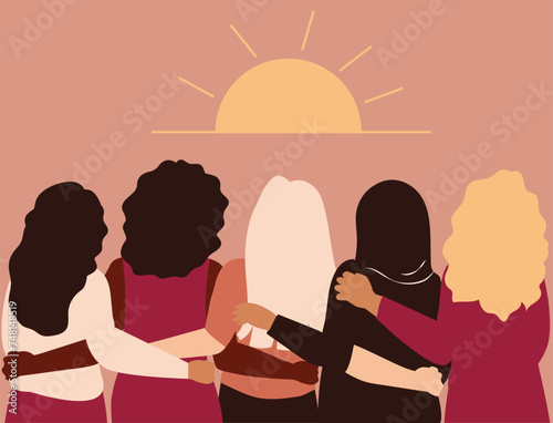 Strong Five women of different ethnicities and cultures stand side by side together while watching the sunrise. Group of brave girls support each other's goal. Women empowerment and gender equality.